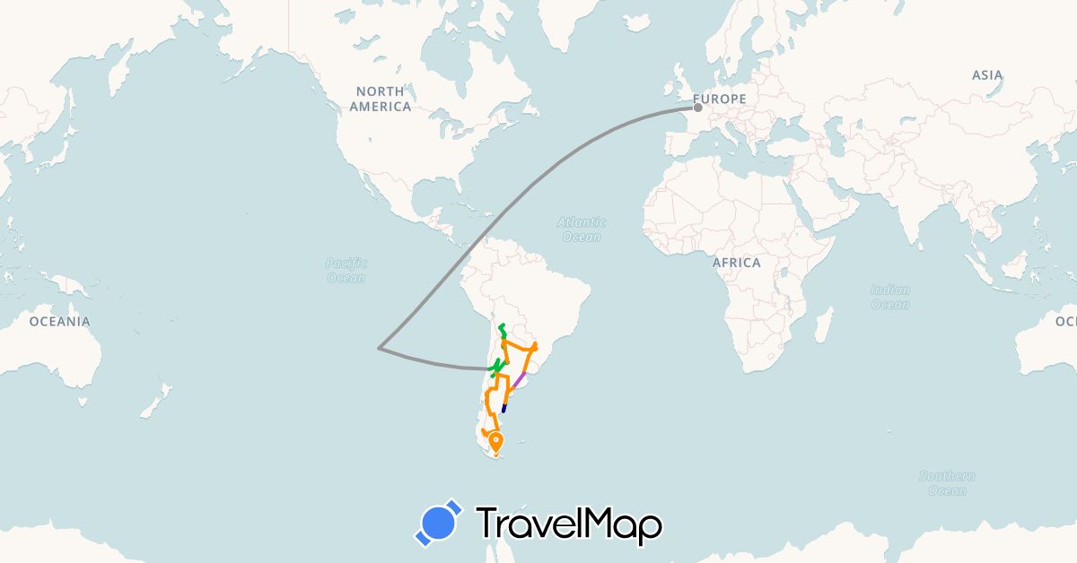 TravelMap itinerary: driving, bus, plane, train, hiking, hitchhiking in Argentina, Bolivia, Brazil, Chile, France (Europe, South America)